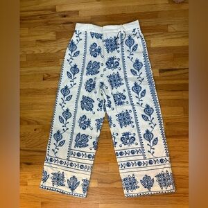 Zara White linen Pants with Blue Embroidery